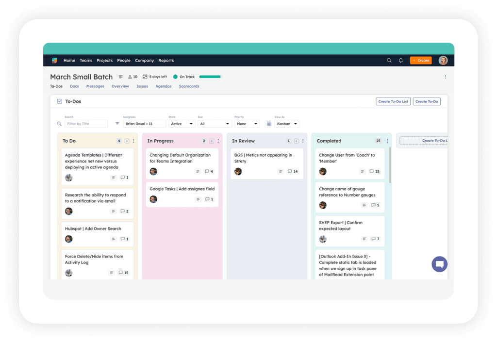 Example Strety team project screen with to-dos grouped by stage